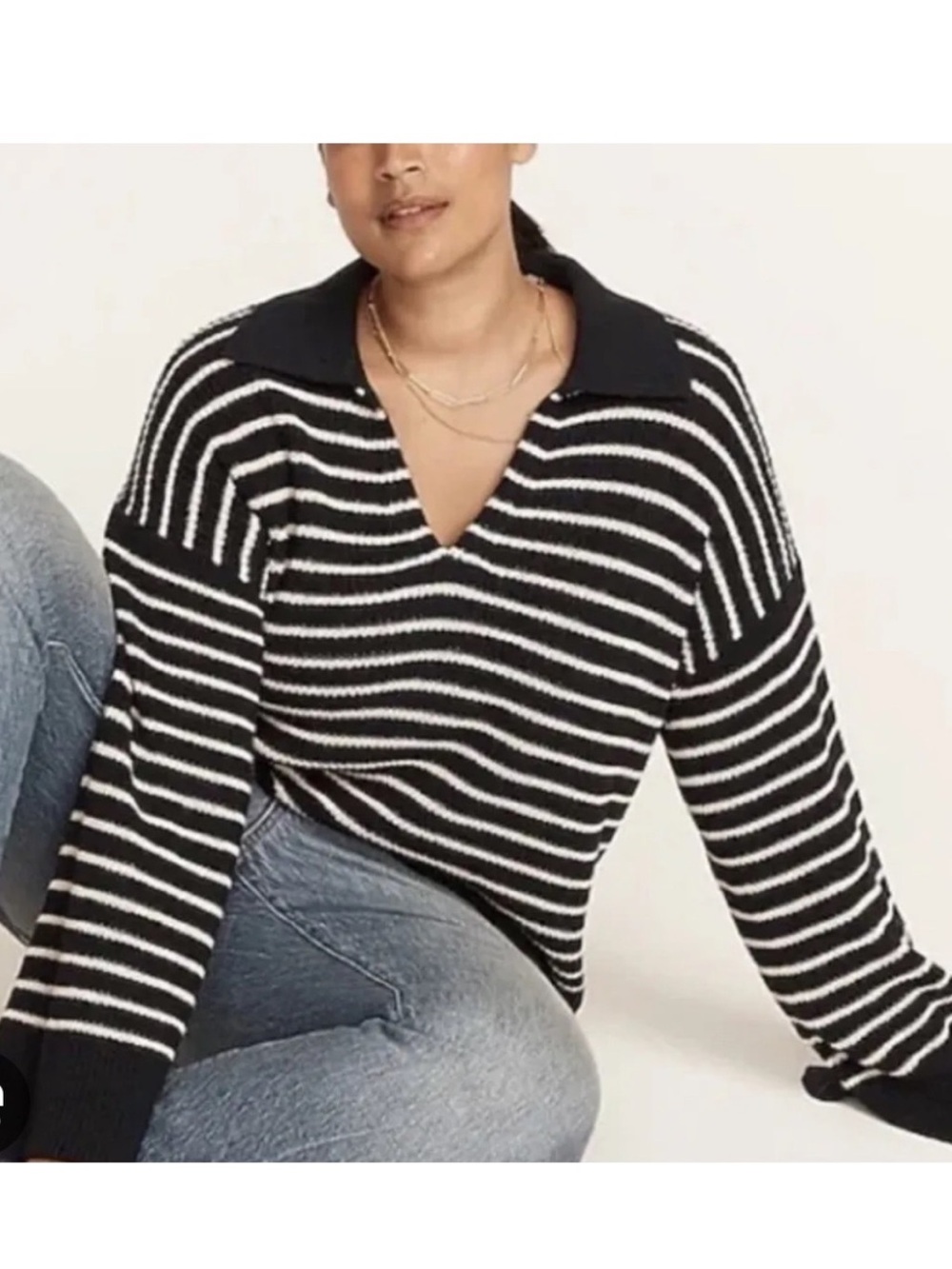 J. Crew Navy and Cream Striped V-Neck Sweater with Collar- 100% cotton